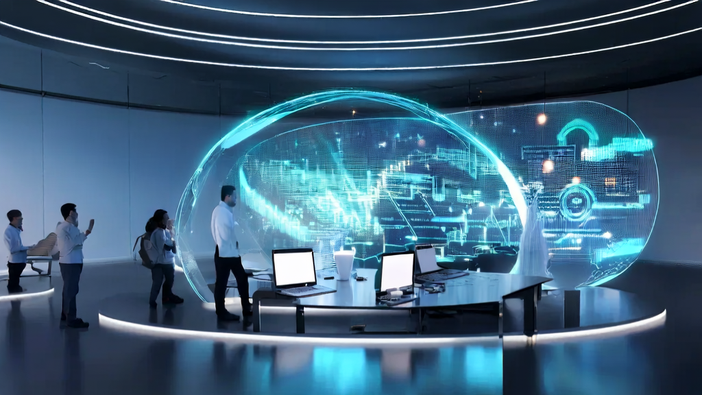 未来办公室内的数据科学家正在使用AI客户预测模型分析数据