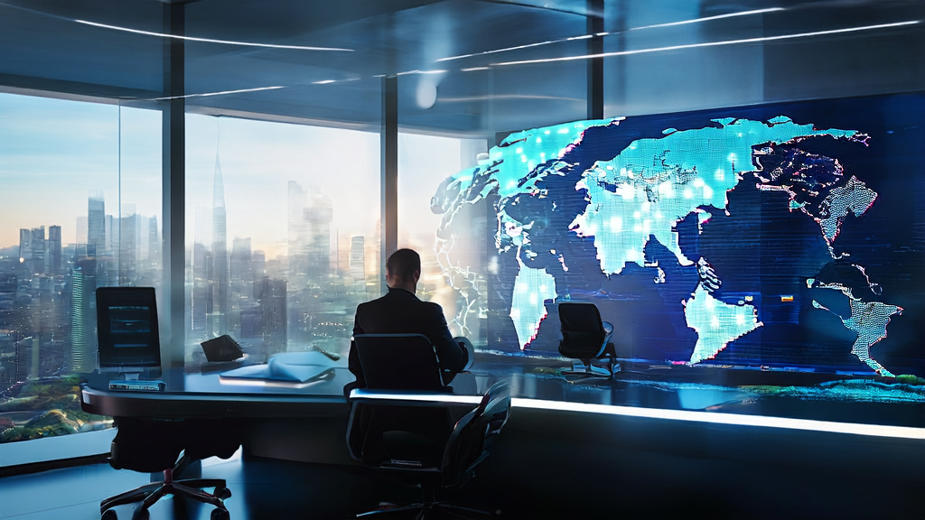 未来办公室中的外贸企业负责人使用AI客户预测模型进行数据分析