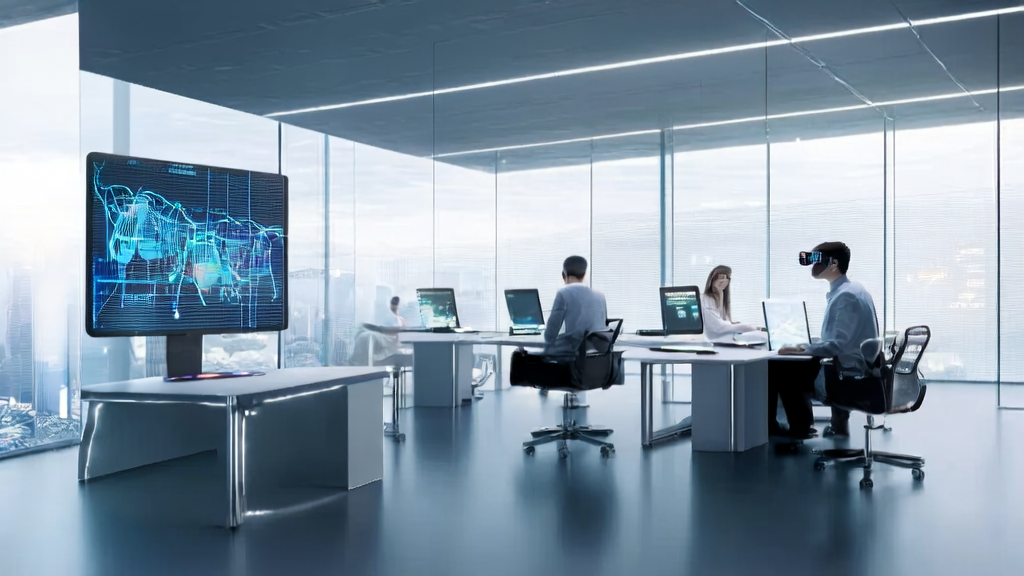 未来科技办公室中，员工们使用最新款iPhone和AI客户预测模型进行高效客户数据分析。