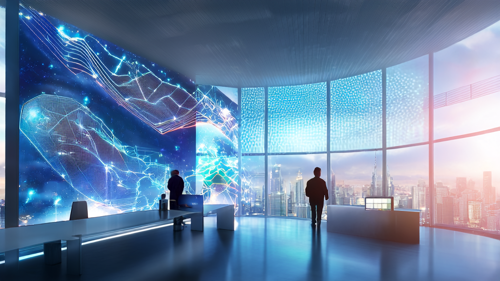 Data scientists in a futuristic office using AI client prediction model for analysis