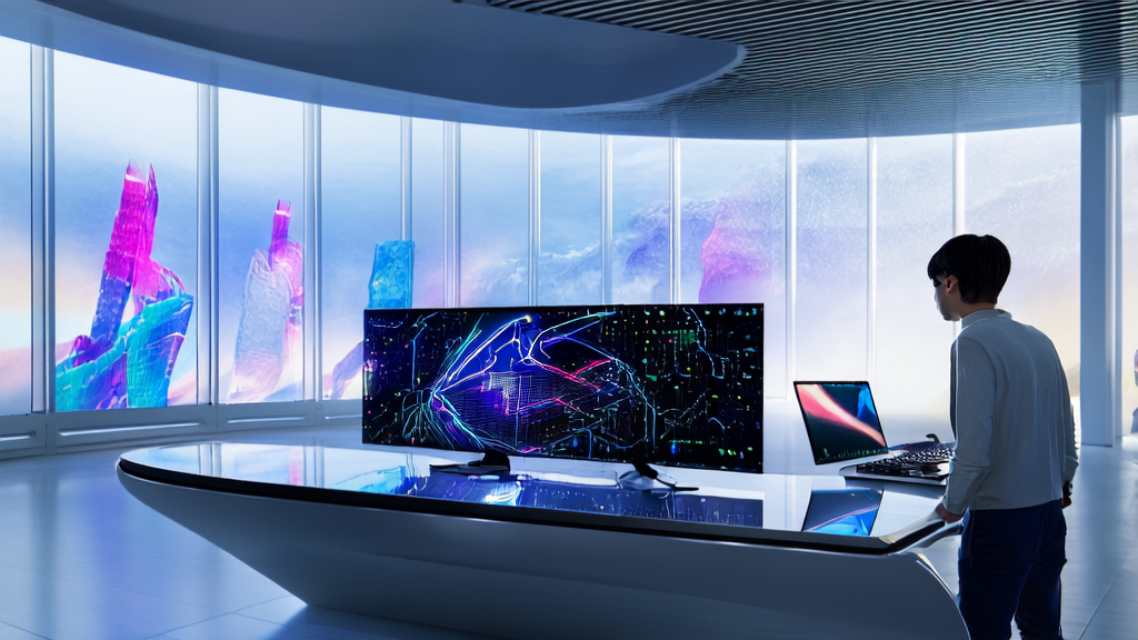 未来感办公室中设计师使用AI工具进行创意工作