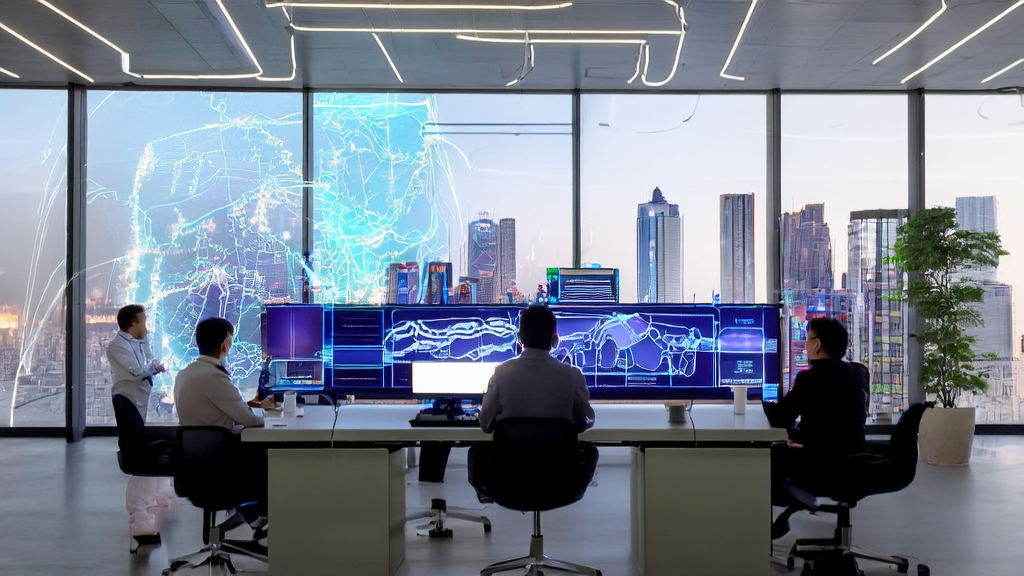 A cross-border e-commerce team in a futuristic office using AI for market analysis and customer acquisition