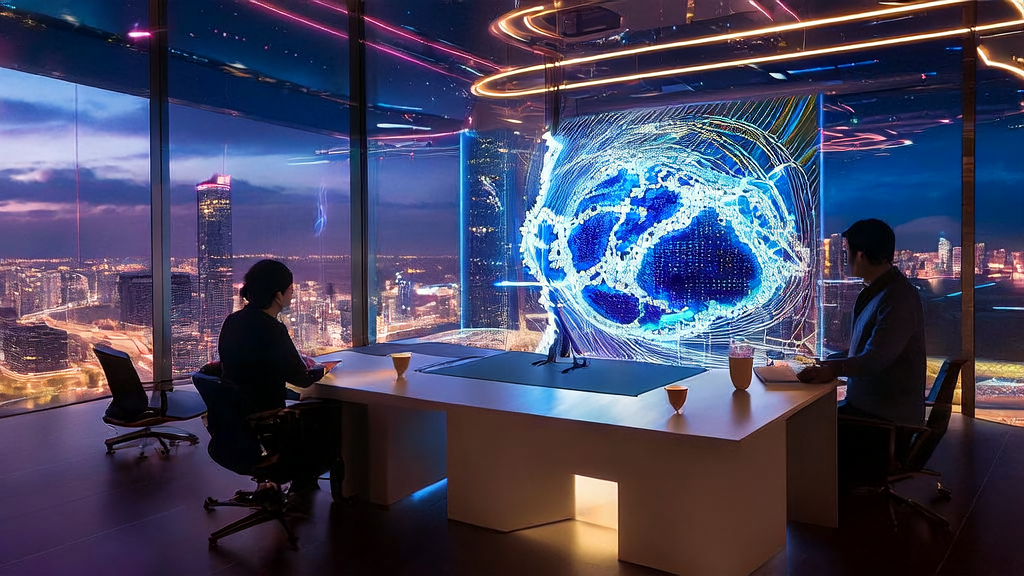 Young entrepreneurs in a futuristic office using AI technology for effective cross-border commerce customer acquisition