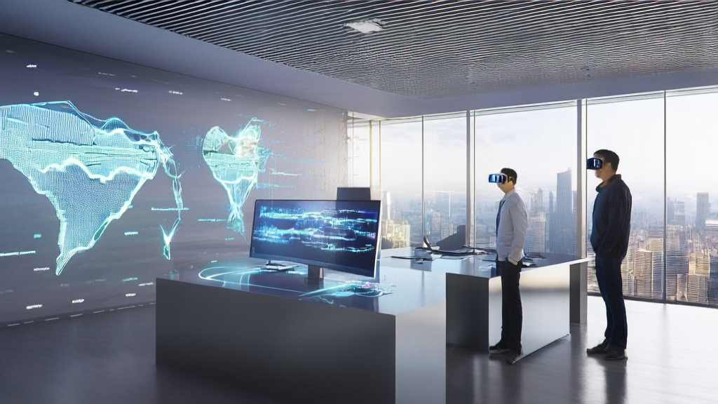 未来办公室中，外贸人员使用AI工具生成多语言营销内容，提升跨境电商获客效率