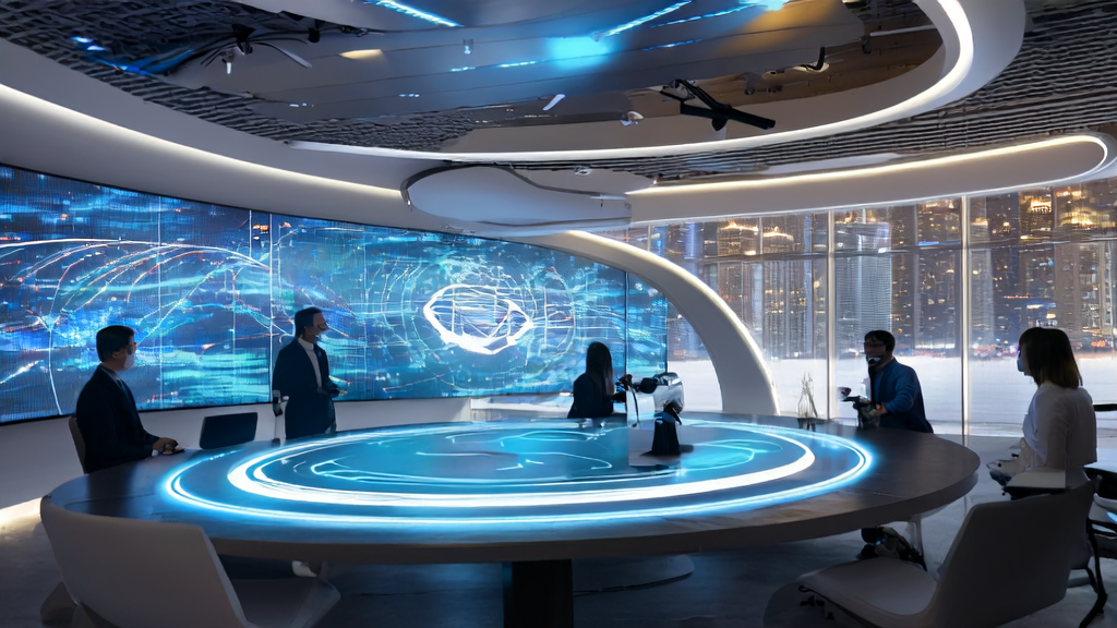 未来感办公室内，跨境电商企业负责人使用AI工具进行邮件营销策略讨论