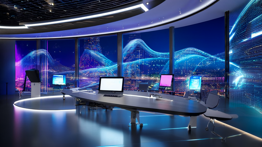 A futuristic office showcasing AI technology applications in cross-border e-commerce in 2025