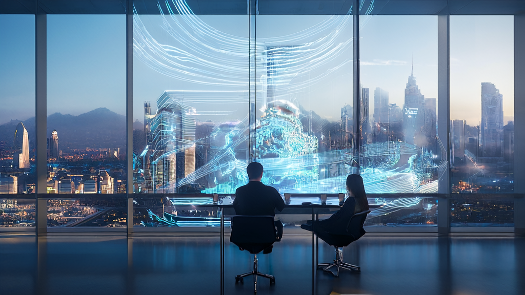 In a futuristic office, a cross-border e-commerce entrepreneur uses AI technology to process global market data and customer information