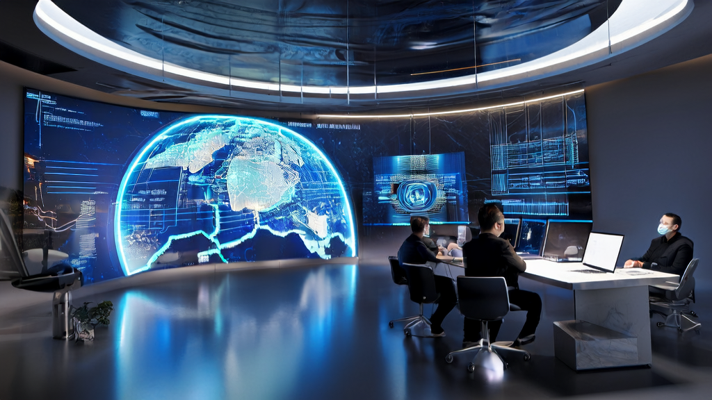 Entrepreneurs in a futuristic office using AI technology to optimize cross-border e-commerce marketing strategies