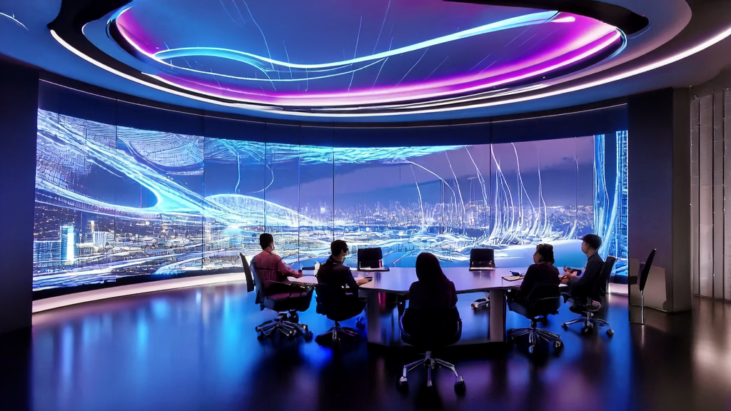 A team in a futuristic office discussing how to leverage AI technology to overcome growth bottlenecks in cross-border e-commerce