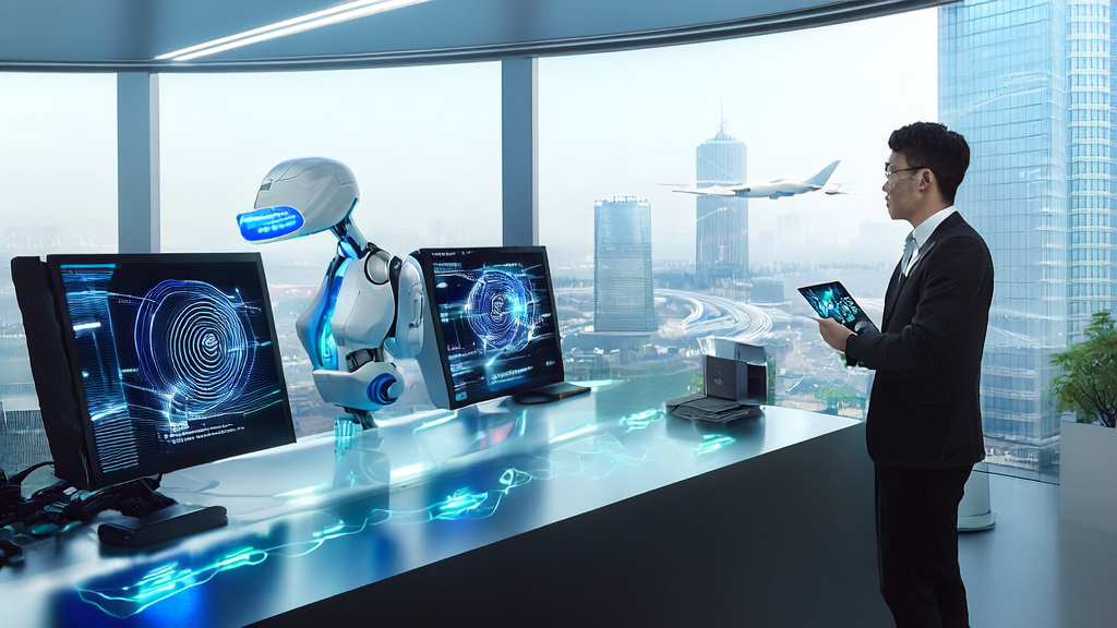 A futuristic office scene showcasing AI technology in cross-border e-commerce, featuring intelligent email processing, multilingual generation tools, and AI predictive models.