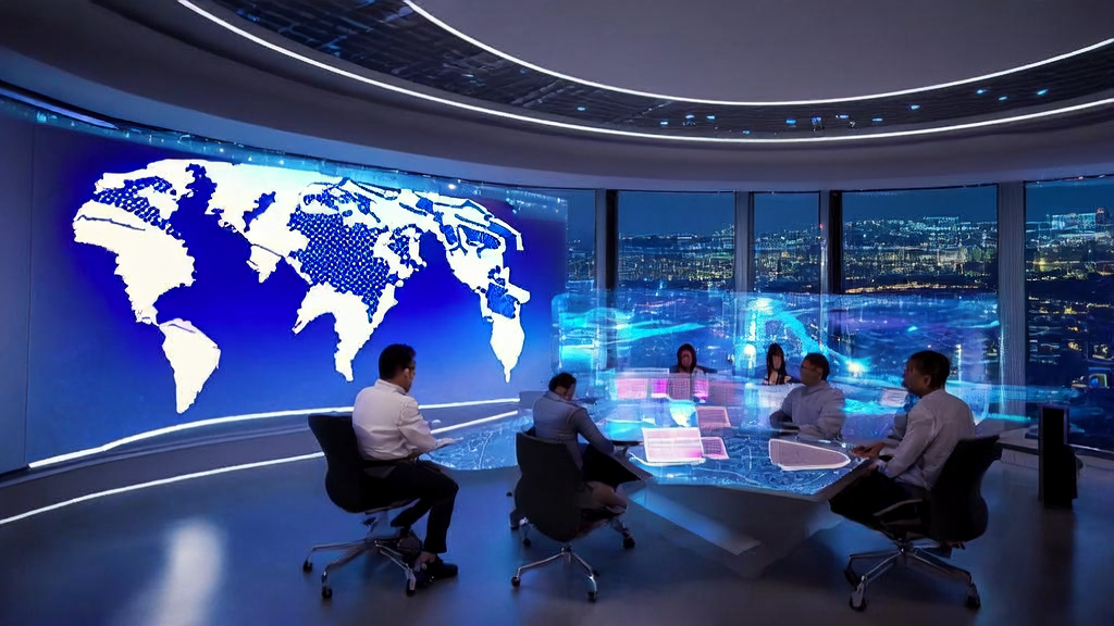 未来科技办公室内的员工使用AI智能获客系统分析全球市场数据
