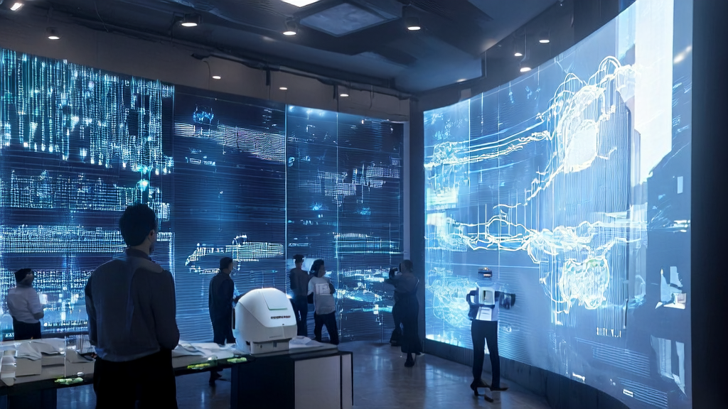 Scene in a futuristic office showcasing AI customer acquisition and data analysis