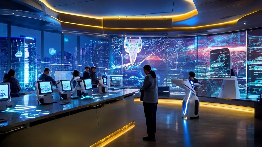 A futuristic office with staff using AI tools to process cross-border e-commerce orders, set against a backdrop of a bustling city nightlife