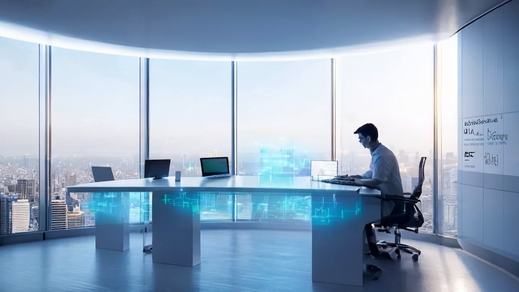 未来办公室中的创业者利用AI预测模型和Grok Imagine生成的视频进行高效获客