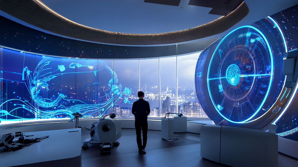 A young entrepreneur in a futuristic office using AI technology for email marketing analysis