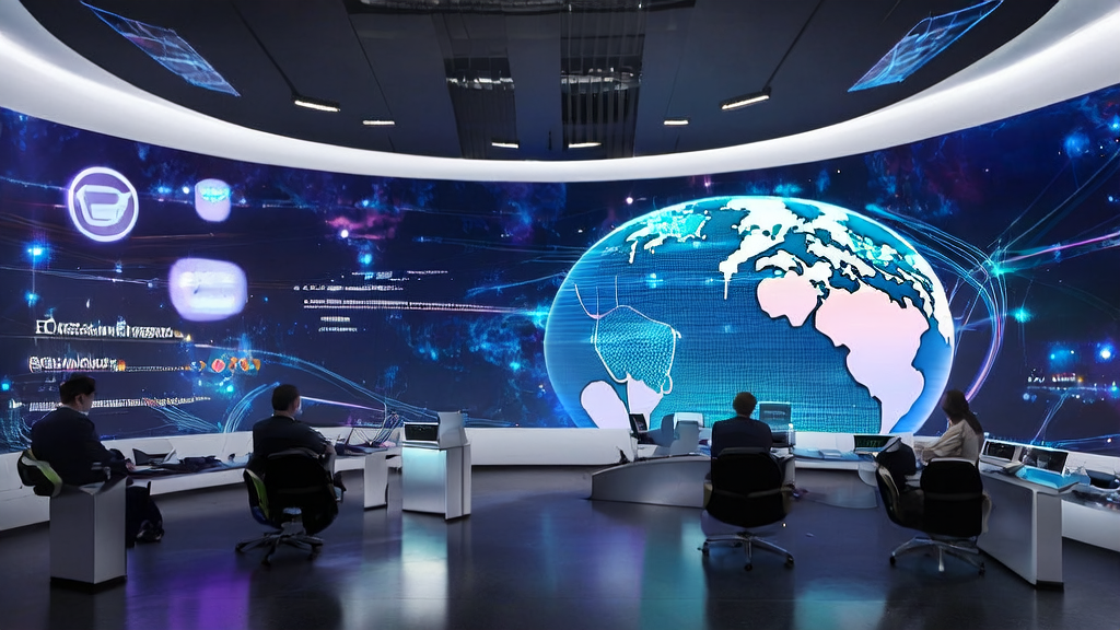 In a futuristic office, a businessman uses a multilingual AI email generator to process global customer emails, showcasing the trend of cross-border e-commerce leveraging AI technology for explosive growth in 2025.