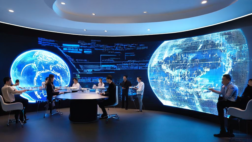 In a futuristic office, the team discusses AI customer acquisition strategies while the assistant robot “Ling Guang“ demonstrates the cross-border email automation process.