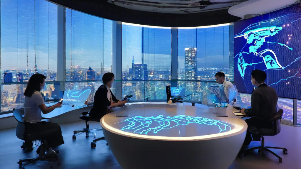 Professionals in a futuristic office discussing AI customer acquisition trends for 2025, with city night views and Dyson's True Ai cleaning robot promotional video in the background