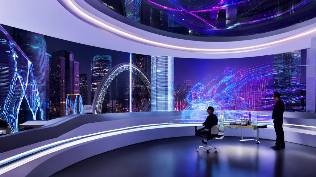 未来办公室中的创业者使用AI技术分析客户数据,旁边展示着蚂蚁集团的LLaDA2.0模型。