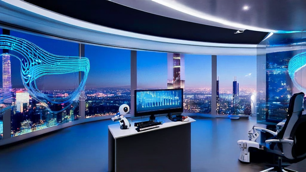 Futuristic office with AI customer acquisition analysis and 3D printing model