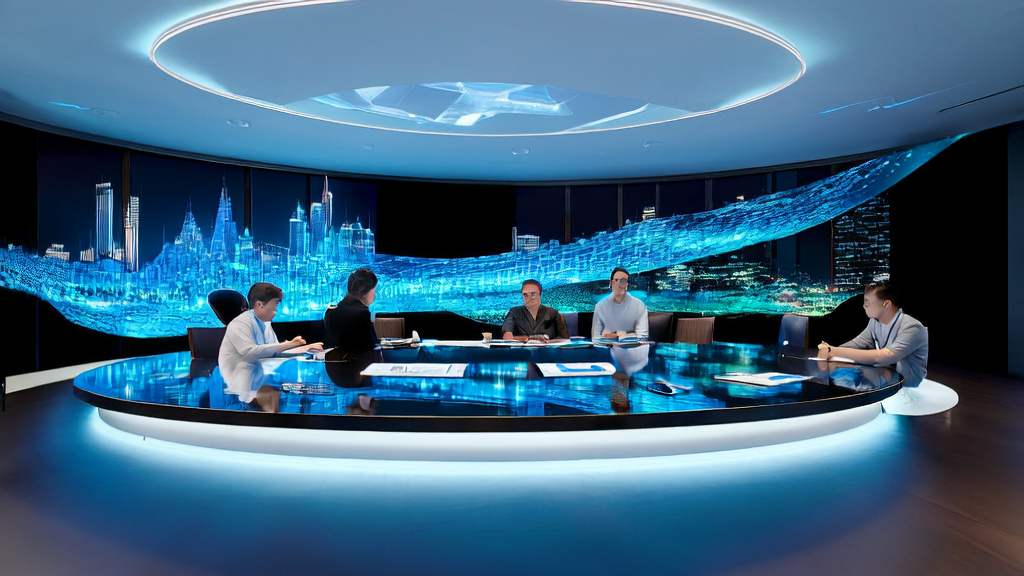 In a futuristic office, team members are discussing AI customer acquisition strategies