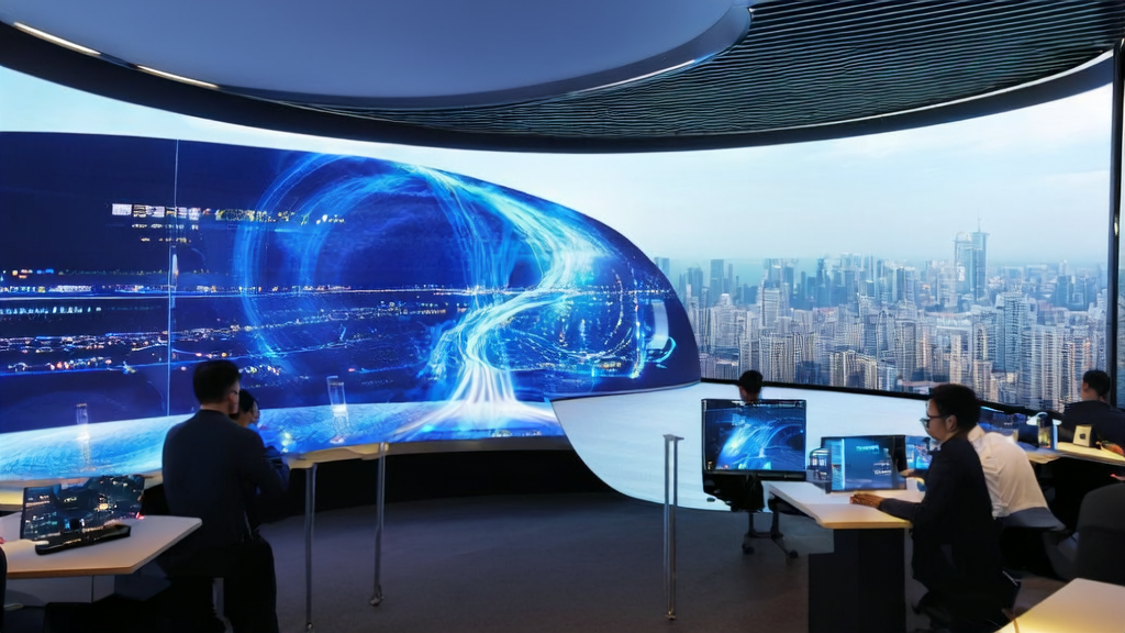 Employees in a futuristic office using 2025 AI customer acquisition tools, with a city skyline in the background and promotional materials for the pharmacology model developed by Tsinghua Changgung Hospital and Beidou Digital Intelligence on the desk