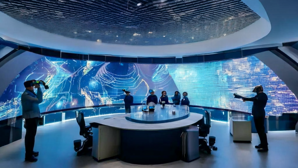 未来办公室内的员工使用AI工具与全球客户互动，展示了2025年跨境电商AI获客的新趋势。