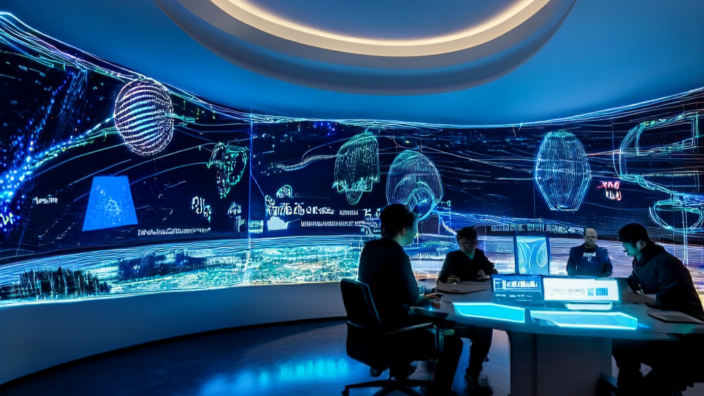 未来办公室内的AI客户获取策略讨论场景，展示全球市场动态和多语言应用