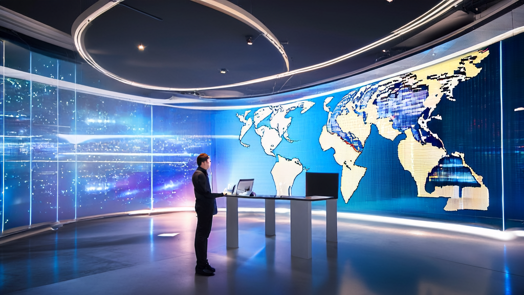 A futuristic office scene showcasing the new trends of AI customer acquisition in 2025, filled with technology and innovation