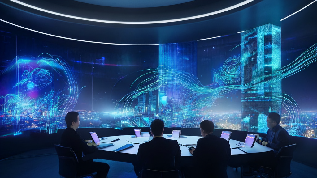 Tech professionals discussing AI customer prediction models and personalized email marketing in a futuristic office