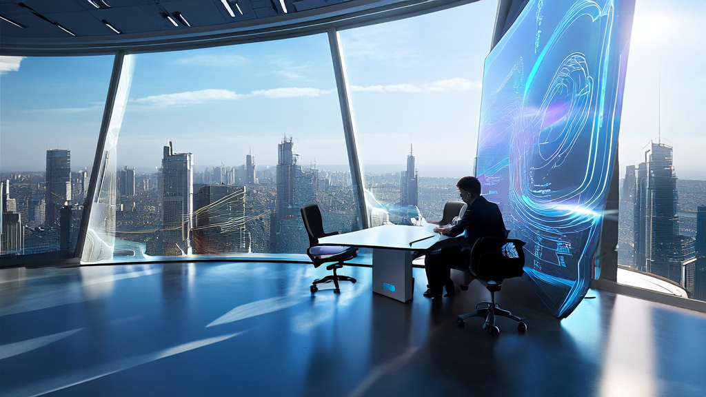 AI customer prediction model displayed in a futuristic office