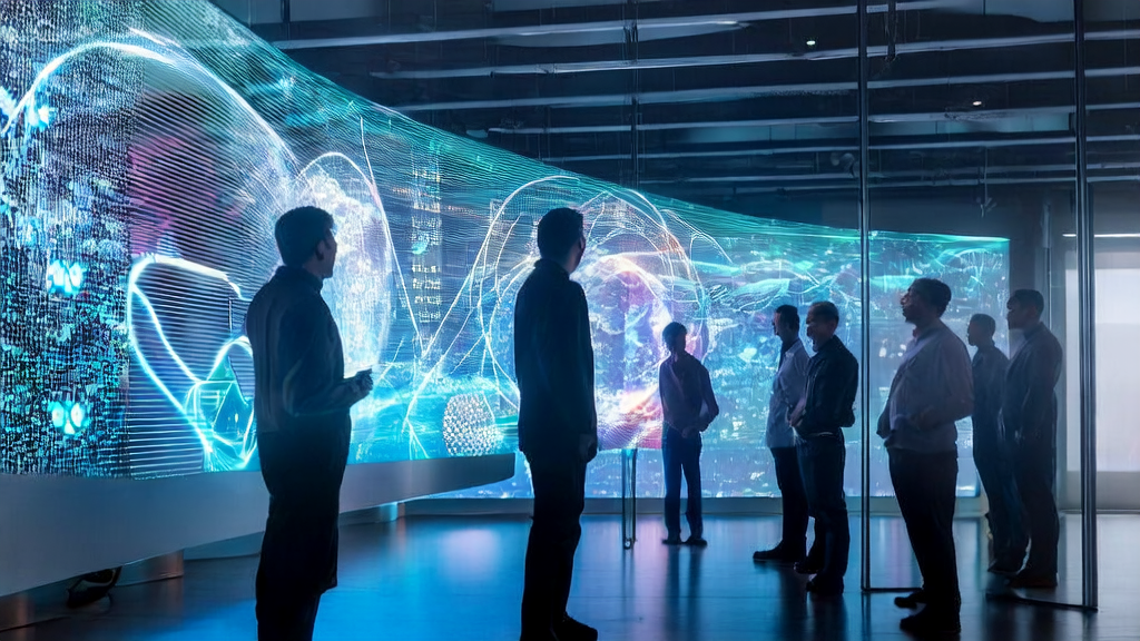 Data scientists in a futuristic office discussing the AI customer prediction model