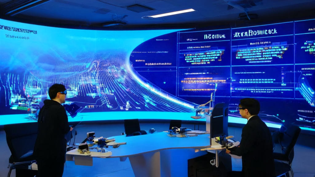 A futuristic office scene showcasing AI customer prediction models and cross-border email marketing data streams