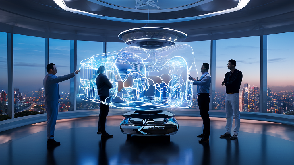 未来办公室中的工作人员使用AI客户预测模型优化邮件营销策略