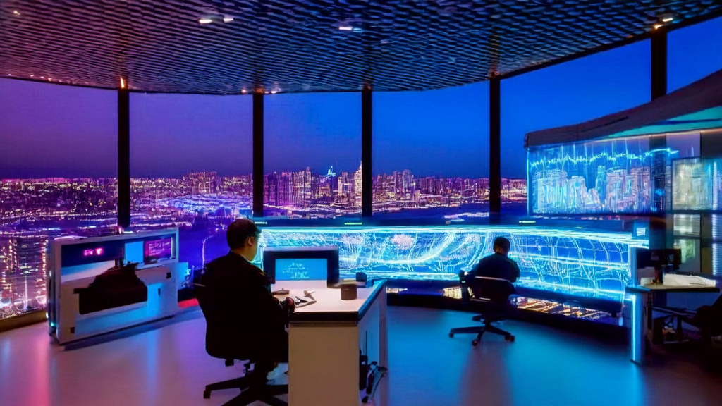 In a futuristic office, an entrepreneur uses AI customer prediction models for efficient customer acquisition and personalized marketing