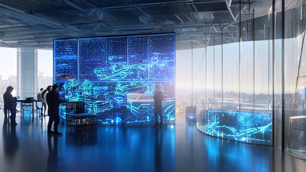 Display of AI customer prediction model and ChatGPT Skills in a futuristic office