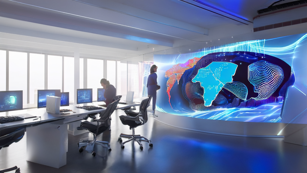 未来办公室中展示AI客户预测模型与Kosmos系统运行状态的场景