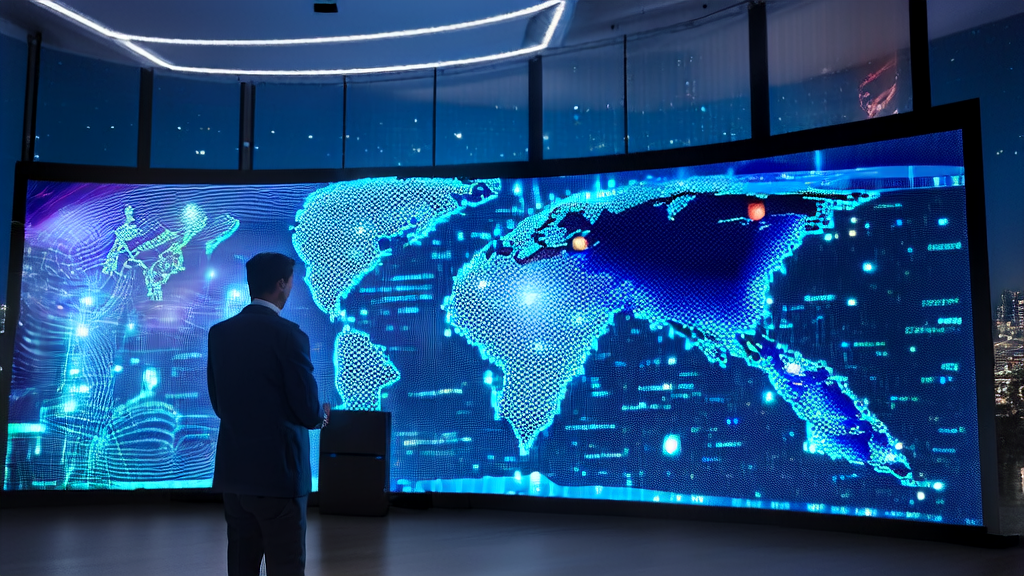 未来办公室内的跨境电商分析师使用谷歌Gemini 3.0模型进行客户筛选