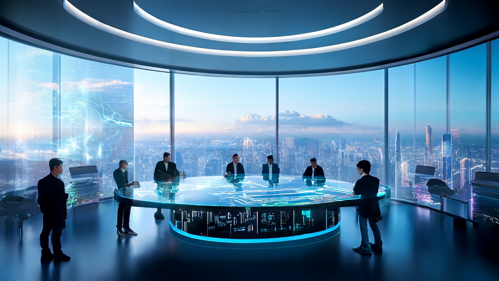 未来办公室中创业者们正在讨论AI驱动的客户获取解决方案