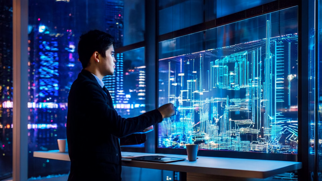 未来办公室中专注工作的创业者与AI驱动的跨境电商策略