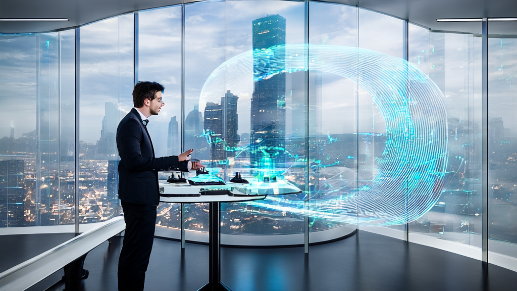 In a futuristic office, an entrepreneur uses AI-driven personalized email marketing to boost trade conversion.