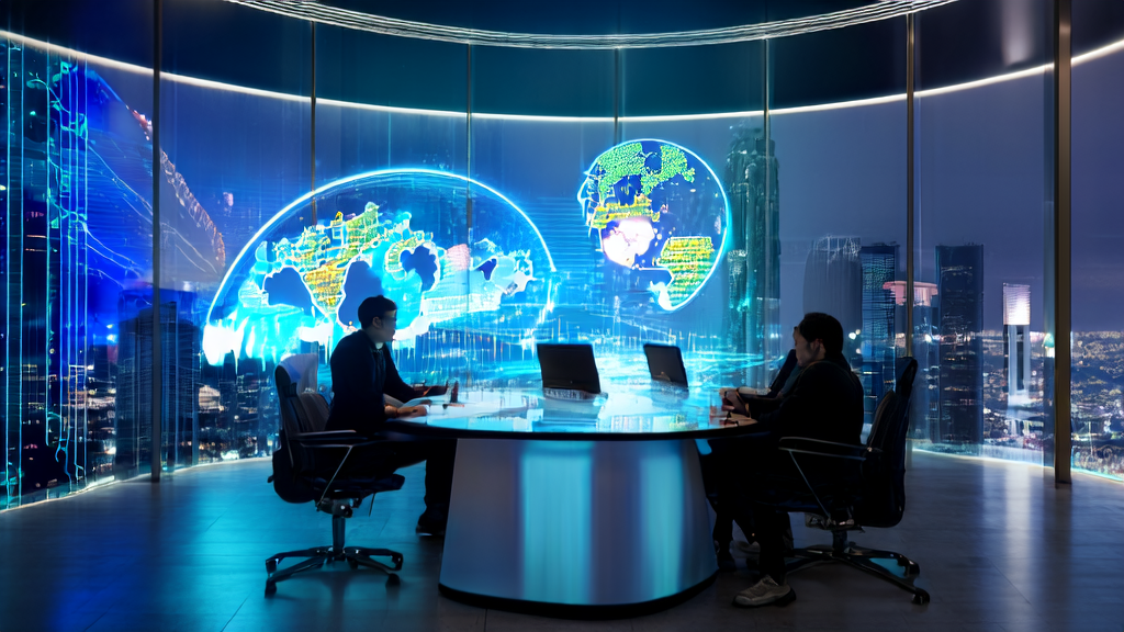 In a futuristic office, young entrepreneurs are discussing AI-driven hyper-personalized email marketing strategies, with the bustling city night view in the background.