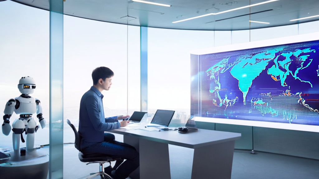 Interior of a future office in 2025, showcasing AI-driven email marketing tools and robotic assistants