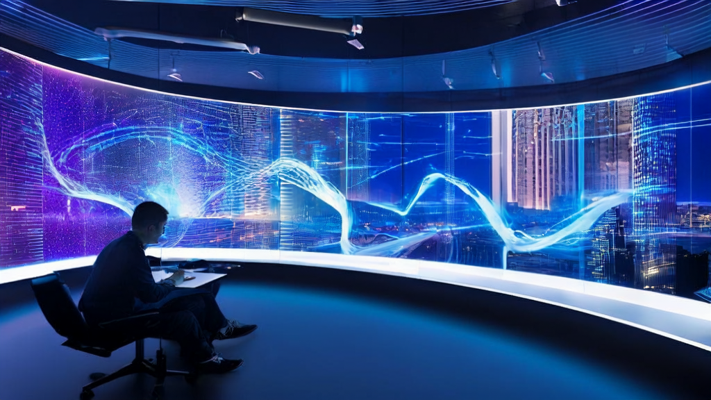 A data analyst in a futuristic office using AI-driven models for personalized email marketing analysis