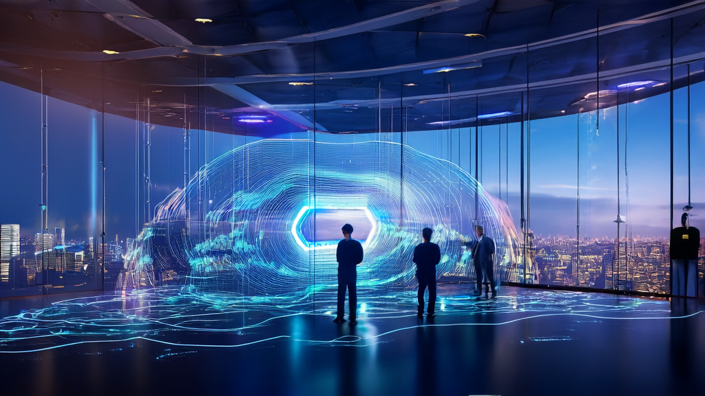 未来感办公室内的年轻分析师使用微软AI技术进行高效数据分析