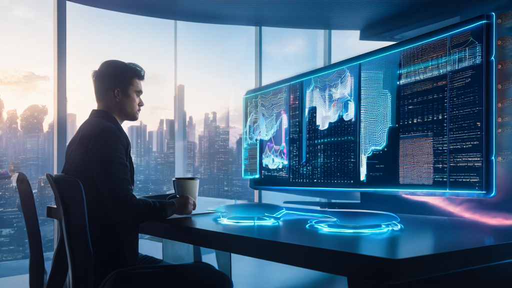 未来办公室中的年轻创业者使用AI技术优化邮件营销策略