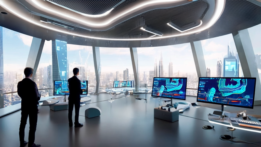 Scene of AI email automation tool operation in a futuristic office