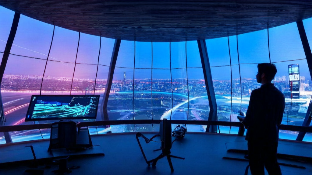 未来办公室中,创业者使用智元灵创平台进行AI邮件自动化创作,智能机器人助手在旁协助。