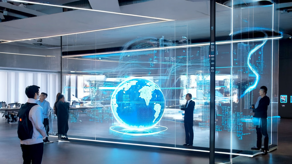 未来办公室中员工使用AI邮件自动化工具处理跨境电商订单，背景是全球市场实时数据和地球仪