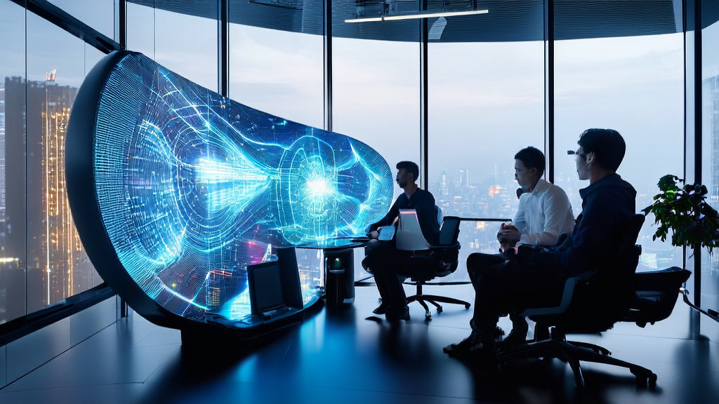 Entrepreneurs in a futuristic office using AI email automation tools for data analysis and marketing strategy